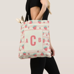 Monogrammed Cute Strawberries + Cream Pattern Tote Bag