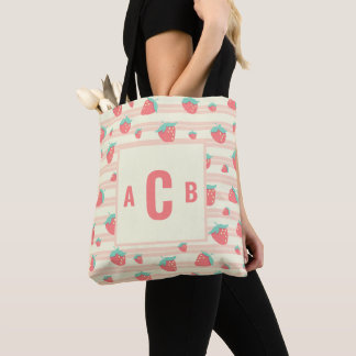 Monogrammed Cute Strawberries + Cream Pattern Tote Bag