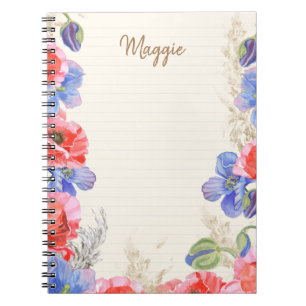 Monogrammed cute watercolor floral pink and blue notebook