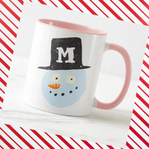 Monogrammed cute watercolor snowman face smiling mug