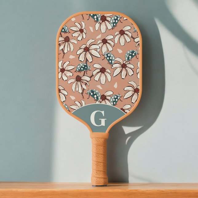Monogrammed Daisies and Ladybugs peach and teal Pickleball Paddle (Creator Uploaded)