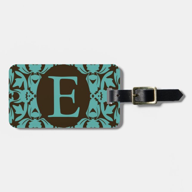 Monogrammed Damask Luggage Tag Teal & Brown (Front Horizontal)