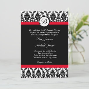 Monogrammed Damask with Red Wedding Invitation