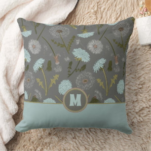 Monogrammed Dandelion Flowers Grey Blue Throw Pillow