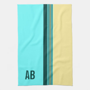 Monogrammed Dark Green Yellow Blue Stripes Kitchen Towel