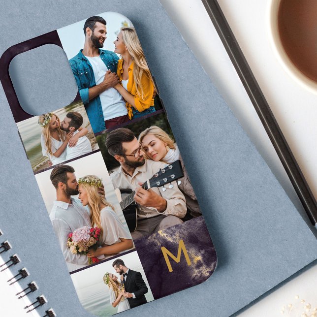 Monogrammed Dark Marble 5 Photo Collage Case-Mate iPhone Case (Creator Uploaded)