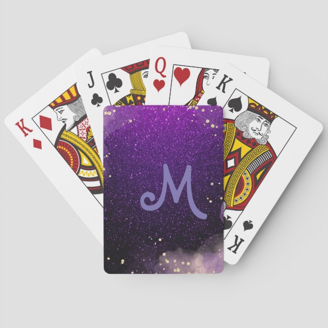 monogrammed dark purple glitter sparkles    playing cards (Back)
