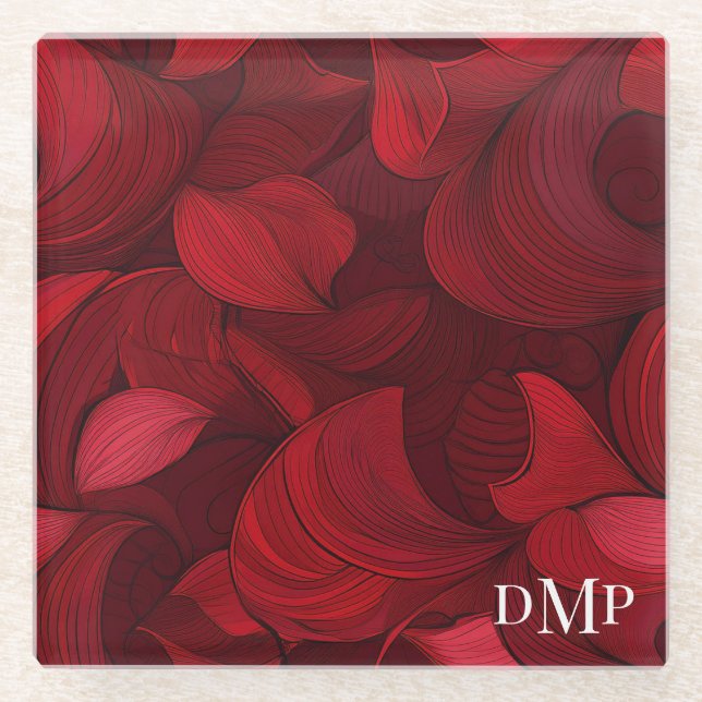 Monogrammed Dark Red Abstract Leaf Pattern Glass Coaster (Front)