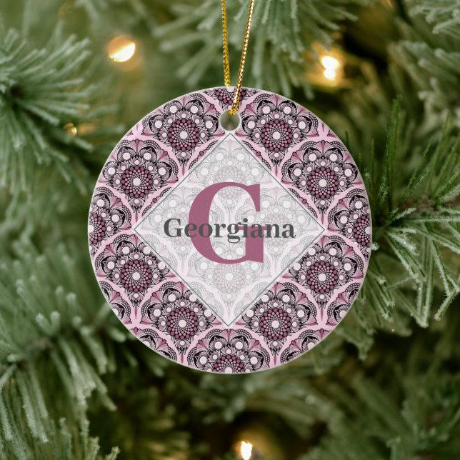 Monogrammed Deco Dusky Rose Cherry Blossom Mandala Ceramic Ornament (Tree)