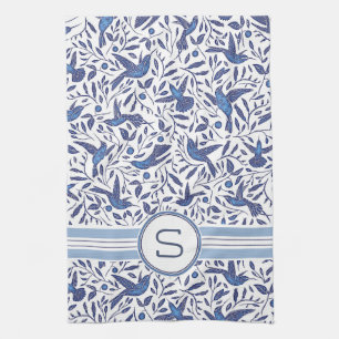 Monogrammed Delft Blue Birds & Leaf Pattern Kitchen Towel