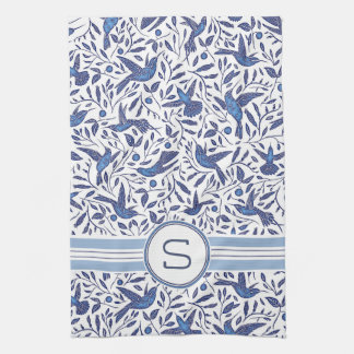 Monogrammed Delft Blue Birds & Leaf Pattern Kitchen Towel