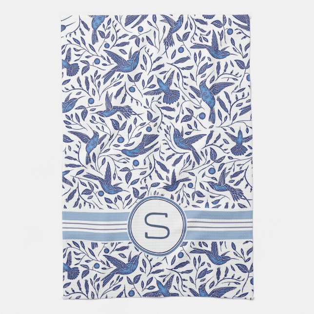 Monogrammed Delft Blue Birds & Leaf Pattern Kitchen Towel (Vertical)