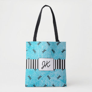 Monogrammed Dragonfly Black and Blue Tote Bag