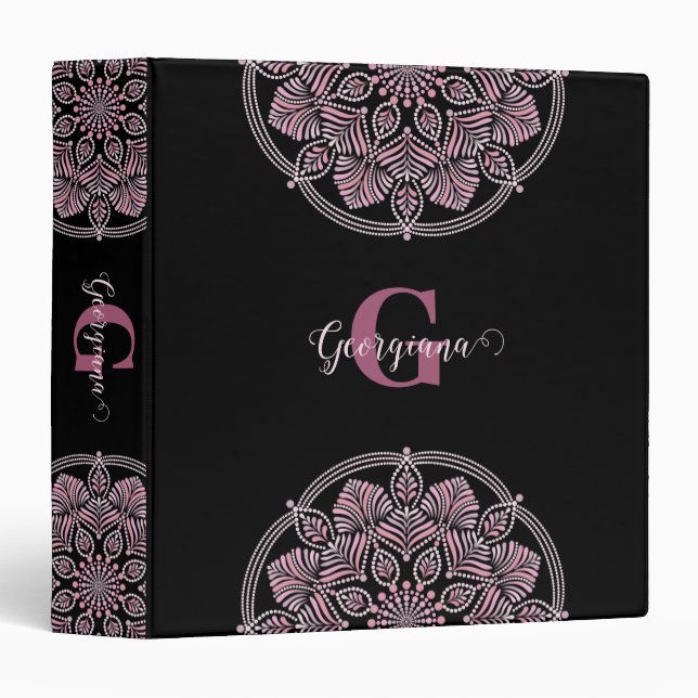 Monogrammed Dusky Rose Floral Fronds Dot Mandala Binder (Front/Spine)