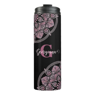 Monogrammed Dusky Rose Floral Fronds Dot Mandala Thermal Tumbler