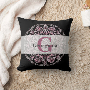 Monogrammed Dusky Rose Floral Fronds Dot Mandala Throw Pillow