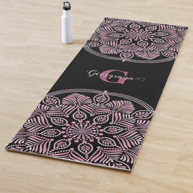 Monogrammed Dusky Rose Floral Fronds Dot Mandala Yoga Mat (In Situ)