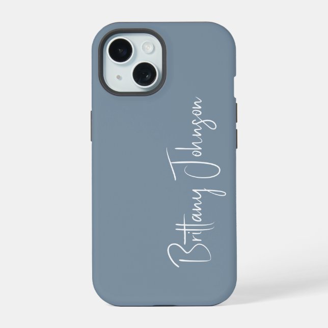 Monogrammed Dusty Blue iPhone 15 Case (Back)