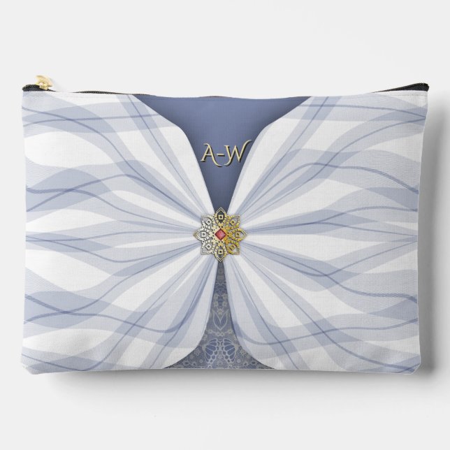 Monogrammed Dusty Blue Jewel Textile Illusion  Accessory Pouch (Front)