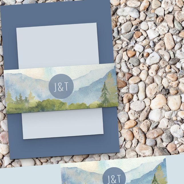 Monogrammed Dusty Blue Mountain Wedding  Invitation Belly Band (Creator Uploaded)