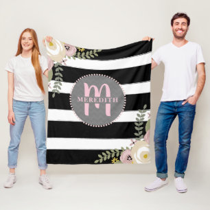 Monogrammed Dusty Floral Boho Stripe Fleece Blanket