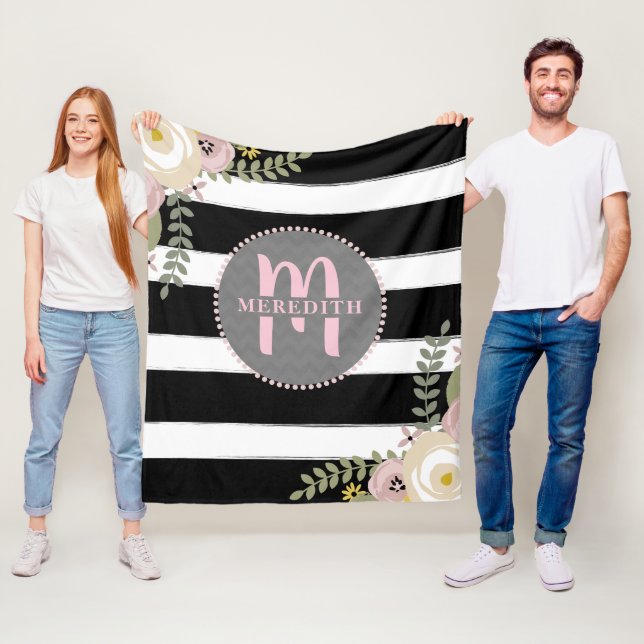 Monogrammed Dusty Floral Boho Stripe Fleece Blanket (In Situ)