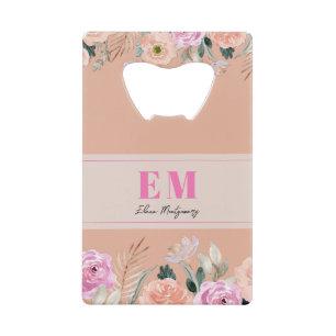 Monogrammed dusty pink floral  credit card bottle opener