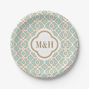 Monogrammed Eggshell Blu and Gold Moroccan Wedding Paper Plate