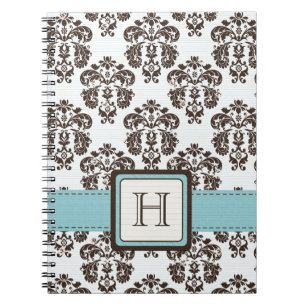 Monogrammed Eggshell Blue Brown Damask Spiral Note Notebook