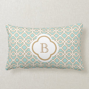 Monogrammed Eggshell Blue Gold Moroccan Lumbar Pillow