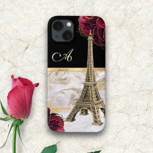 Monogrammed Eiffel Tower Gold, Black Marble Rose iPhone 13 Case