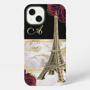 Monogrammed Eiffel Tower Gold, Black Marble Rose iPhone 13 Case