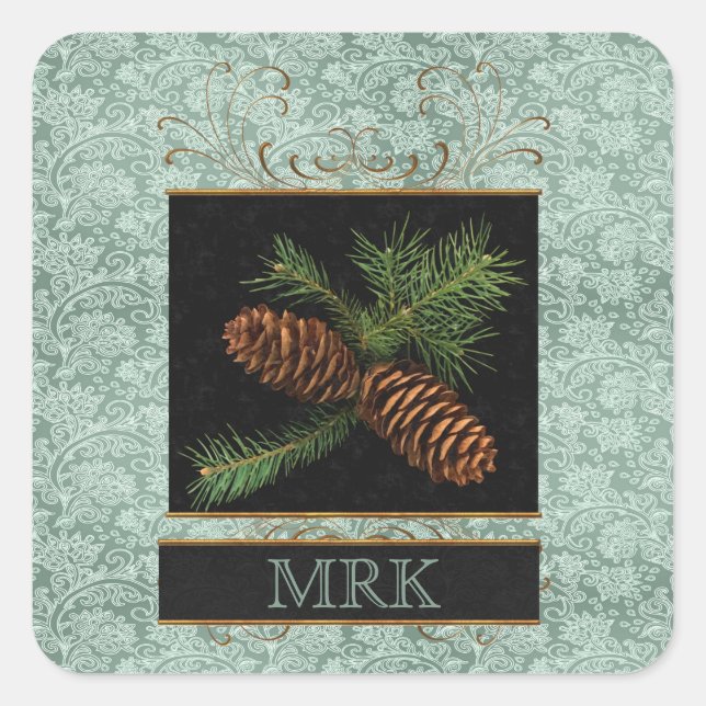 Monogrammed Elegance with Pine Cones Square Sticker (Front)