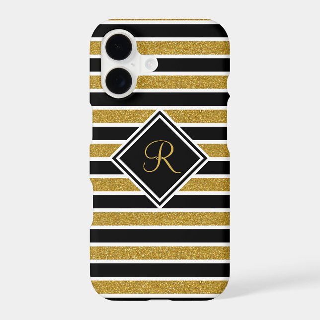 Monogrammed Elegant Black Gold Glitter Stripes (Back)