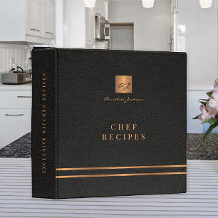 Monogrammed elegant black gold kitchen recipes binder
