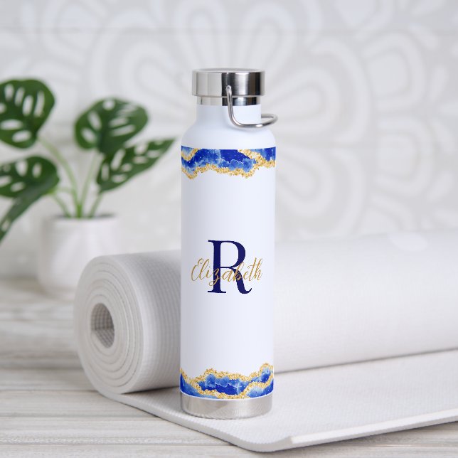 Monogrammed Elegant Blue Agate Marble Pattern Water Bottle (Yoga)