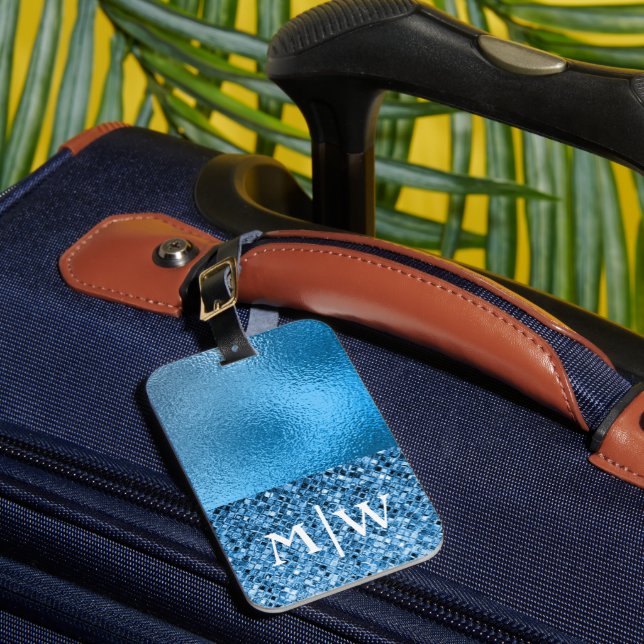 Monogrammed Elegant Blue Sparkle Glitter Luxury   Luggage Tag (Front Insitu 1)