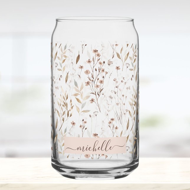 Monogrammed Elegant Brown Floral Botanical Can Glass (In situ)