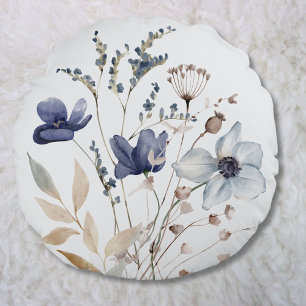 Monogrammed Elegant Chic Watercolor Blue Flower Round Pillow
