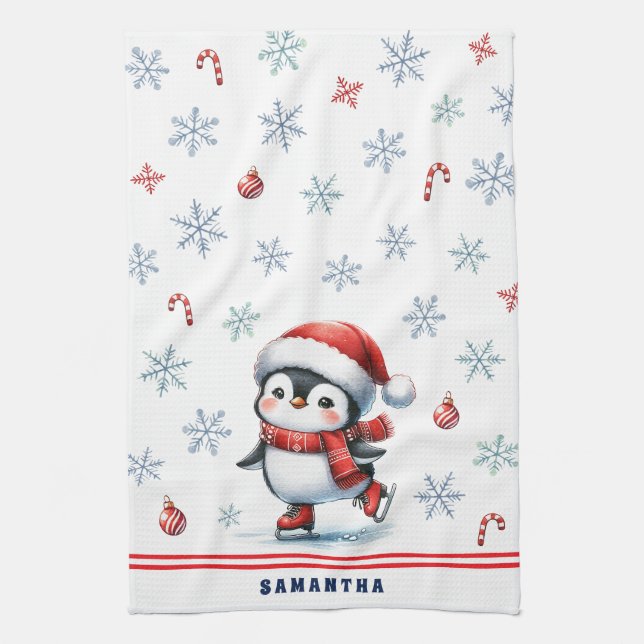 Monogrammed Elegant Christmas Ice Skating Penguin Kitchen Towel (Vertical)