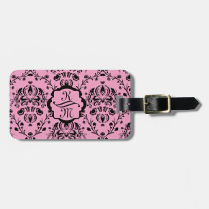 Monogrammed Elegant Classy Pink Black Damask Girly Luggage Tag