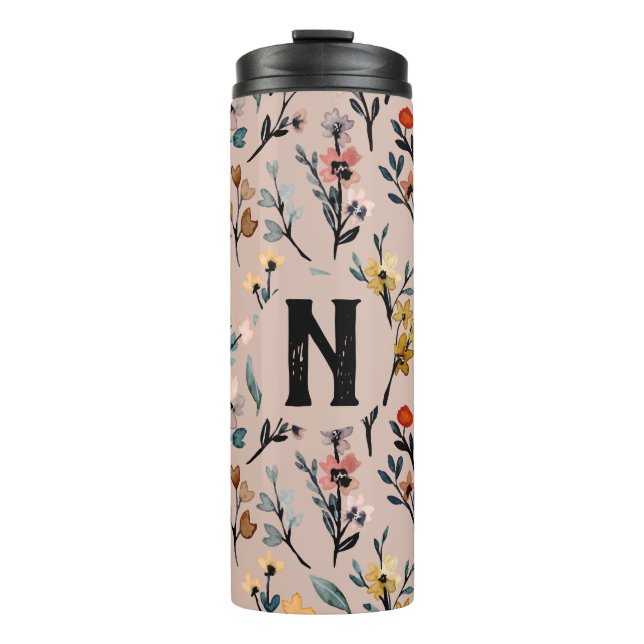 Monogrammed Elegant feminine floral pattern pink Thermal Tumbler (Front)