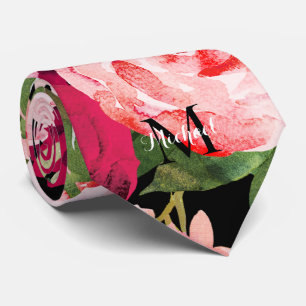 Monogrammed elegant floral Pink Black Tie