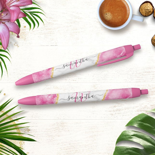 Monogrammed Elegant Girly Glam Pink White Marble Blue Ink Pen (Creator Uploaded)