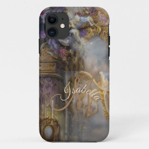 Monogrammed Elegant Heavenly Gold Gate, Gold Text iPhone 11 Case