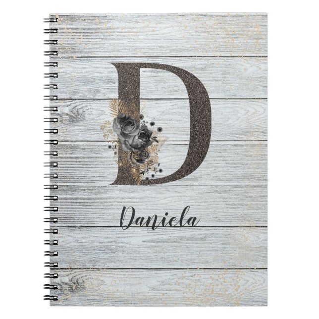 Monogrammed Elegant Modern Goth Black Rose D Notebook (Front)