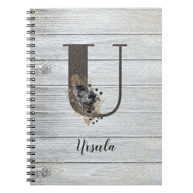 Monogrammed Elegant Modern Goth Black Rose U Noteb Notebook (Front)