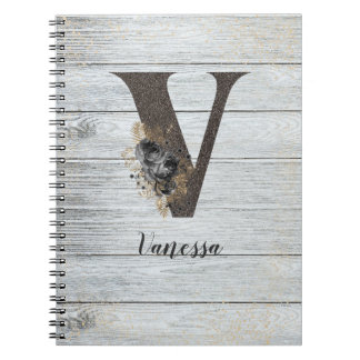 Monogrammed Elegant Modern Goth Black Rose V Notebook