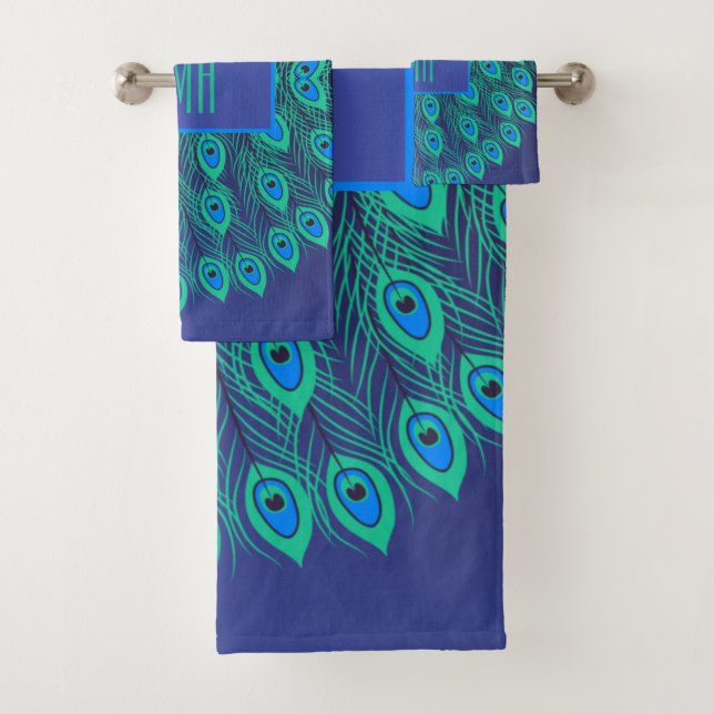 Monogrammed Elegant Modern Peacock Blue Teal   Bath Towel Set (Insitu)