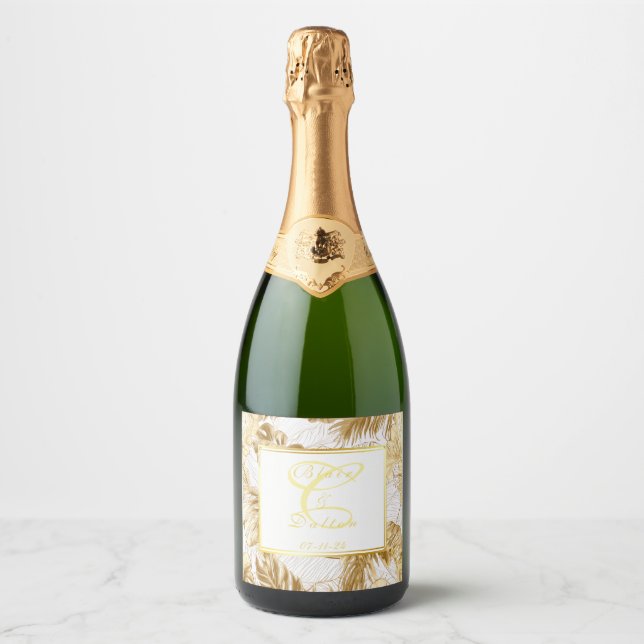 Monogrammed Elegant Monstera Gilded Gold Wedding Sparkling Wine Label (Front)